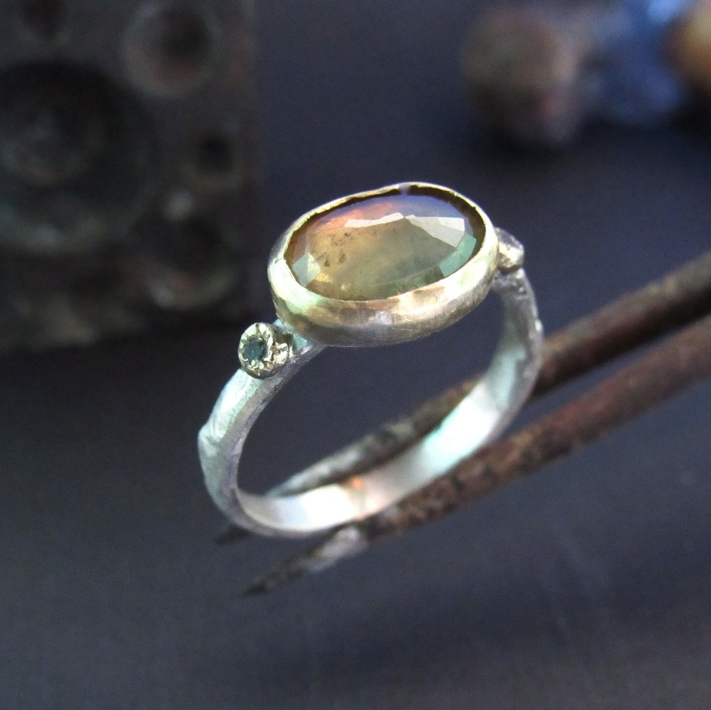 14K yellow gold & sterling silver ring with Tourmaline and Black Diamond.